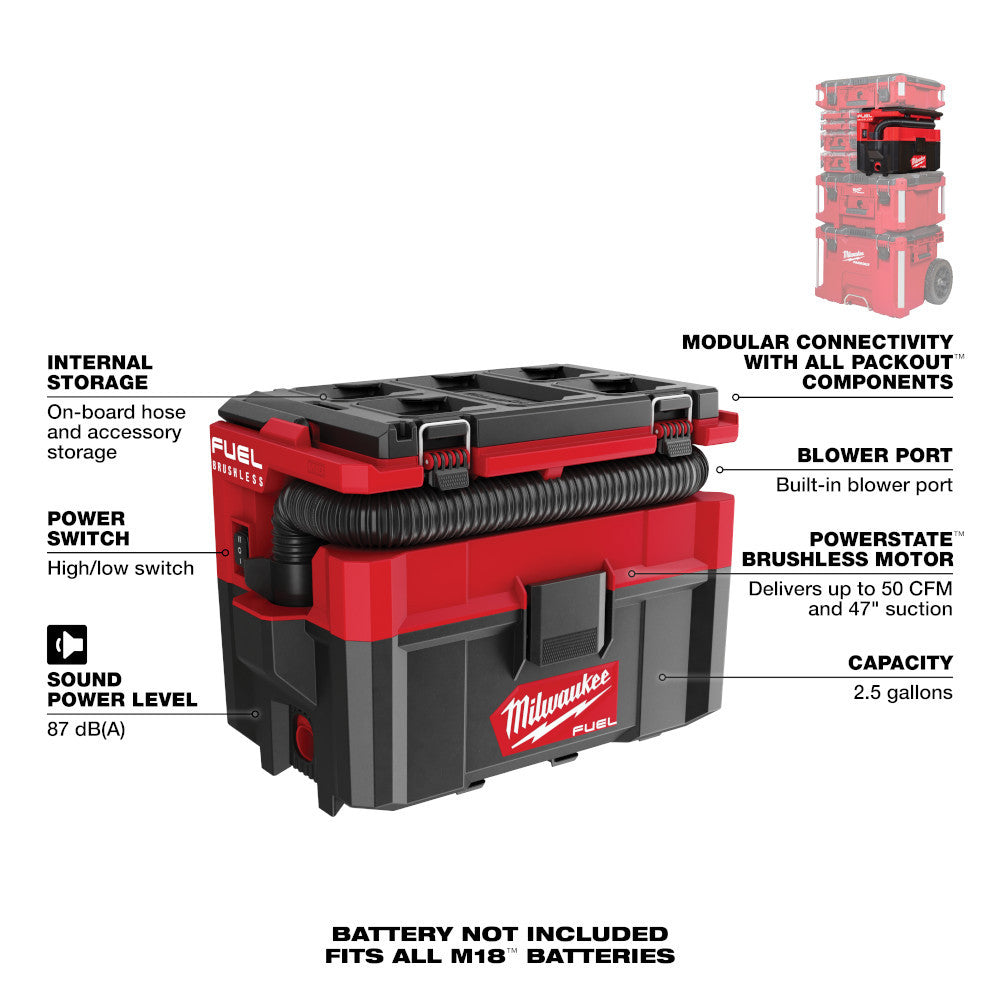 Milwaukee 0970-20 M18 FUEL PACKOUT 2.5 Gallon Wet/Dry Vacuum (Tool Only)
