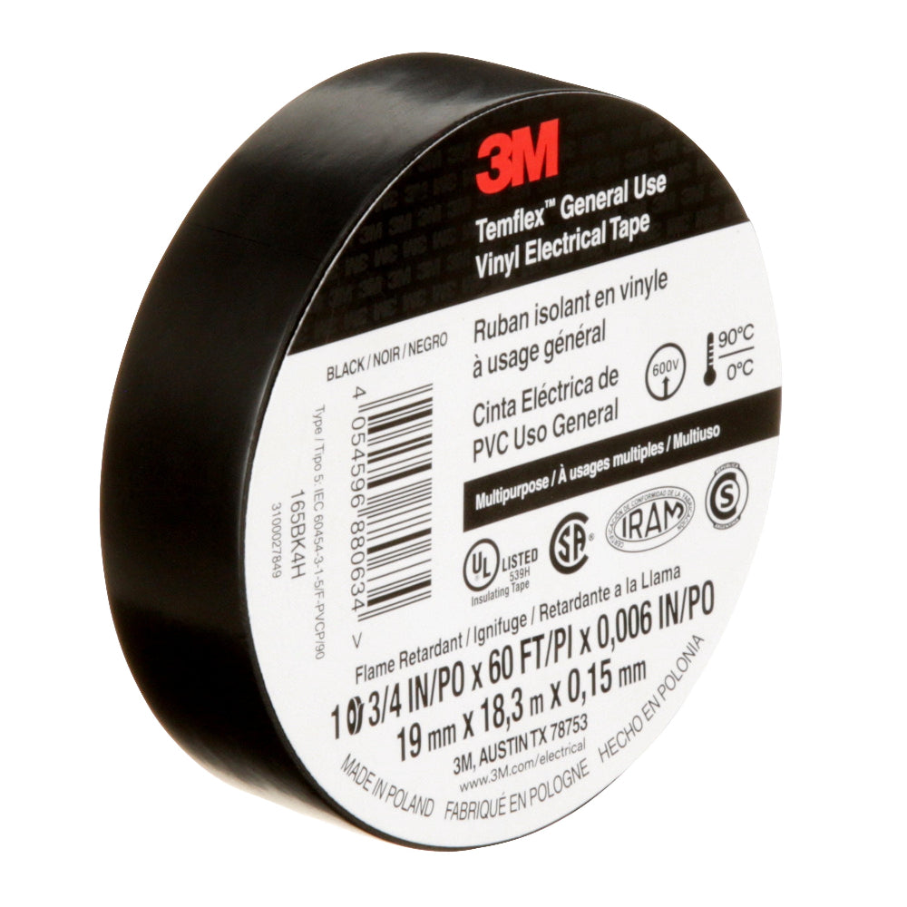 3M Temflex Vinyl Electrical Tape 165 Gray 3-4 Inch x 60 Ft 19 Mm x 18 M 6 Mil 100 Rolls-Case