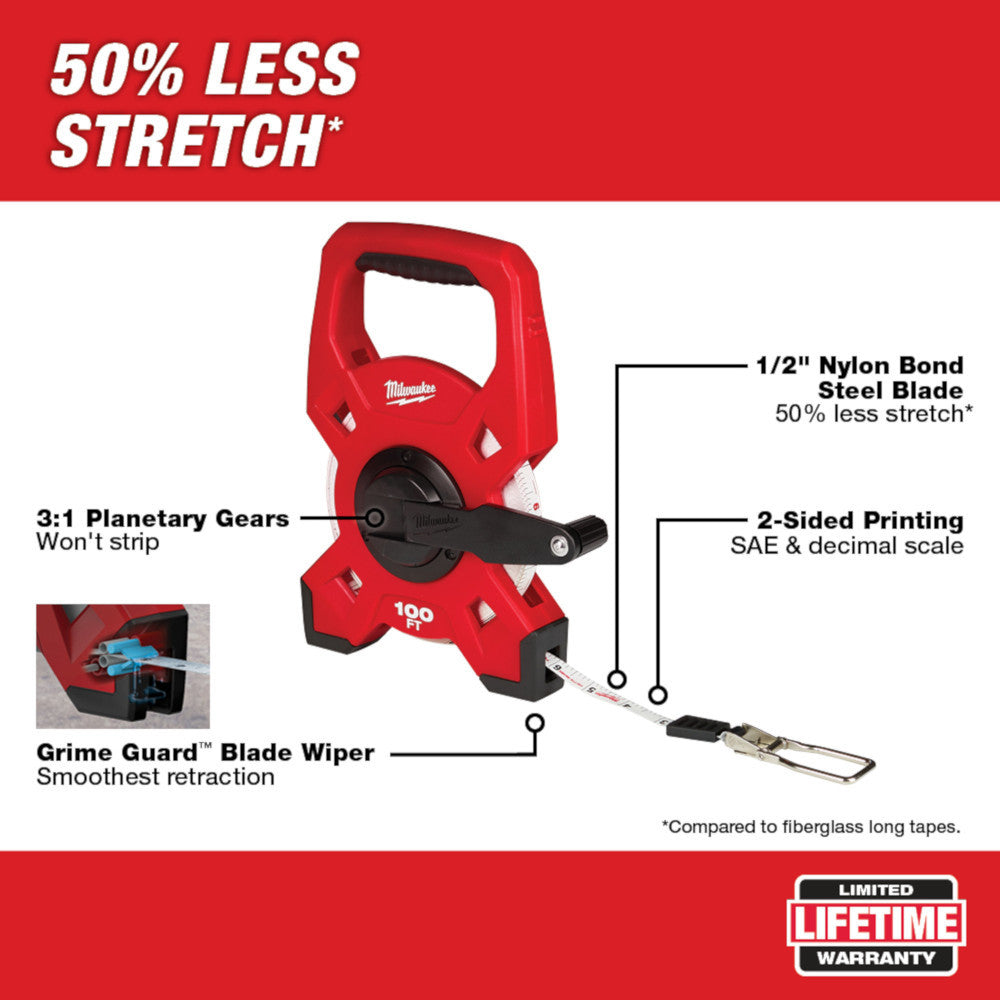 Milwaukee 48-22-5201 100 feet Steel Open Reel Long Tape Measure showing features of the long tape