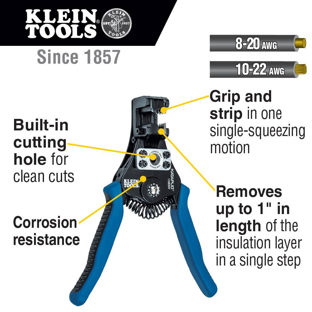 Klein Tools 11063W 8-22 AWG Solid  and Stranded Katapult Wire Stripper  and Cutter showing features of the strippers