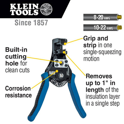 Klein Tools 11063W 8-22 AWG Solid  and Stranded Katapult Wire Stripper  and Cutter showing features of the strippers