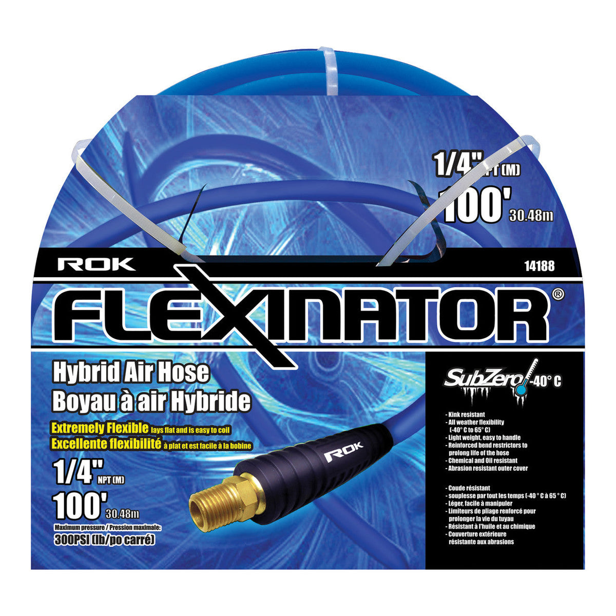 ROK 14188 1/4 inch x 100 feet FLEXINATOR Hybrid Air Hose - Blue