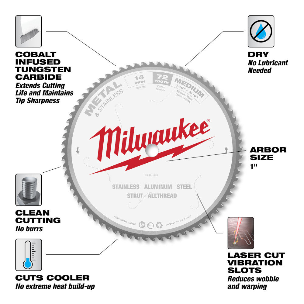 Milwaukee 48-40-4505 14-inch x 72T Ferrous Metal  and Stainless Cutting Circular Saw Blade showing features of the saw blade