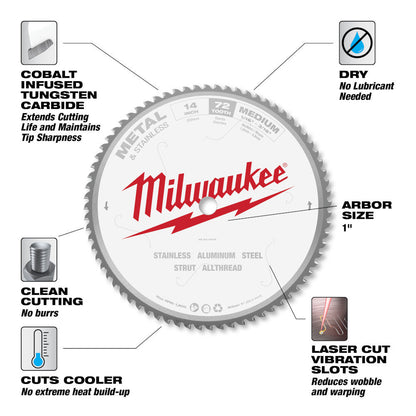 Milwaukee 48-40-4505 14-inch x 72T Ferrous Metal  and Stainless Cutting Circular Saw Blade showing features of the saw blade