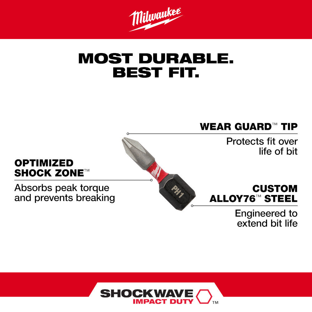 Milwaukee 48-32-4412 SHOCKWAVE Impact Duty 1 inch x #2 Phillips Power Bits - 2pk