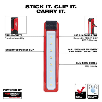 Milwaukee 2112-21 USB Rechargeable ROVER 455 Lumen Pocket Flood Light lighting the work area