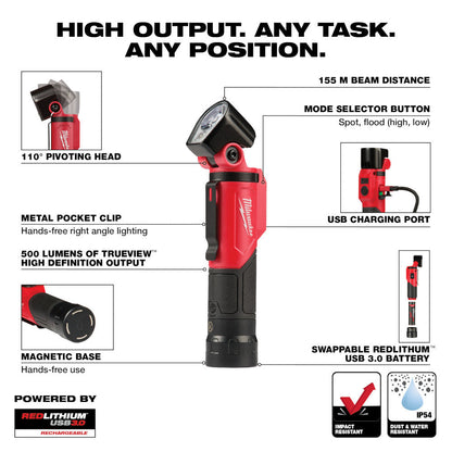 Milwaukee 2113-21 USB Rechargeable 500 Lumen Pivoting Flashlight