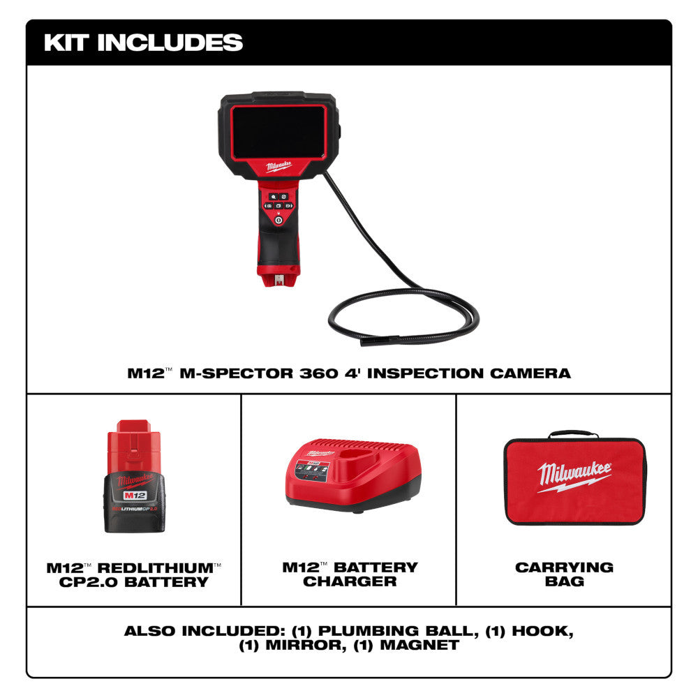 Milwaukee 2323-21 M12 M-Spector 360 4-foot Inspection Camera Kit showing inclusions of the kit