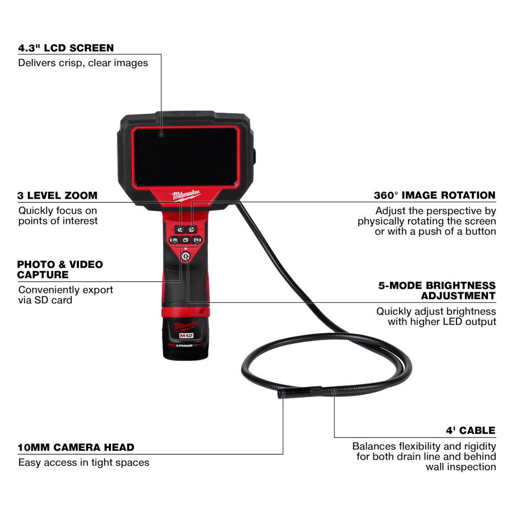 Milwaukee 2323-21 M12 M-Spector 360 4-foot Inspection Camera Kit showing features of the tool