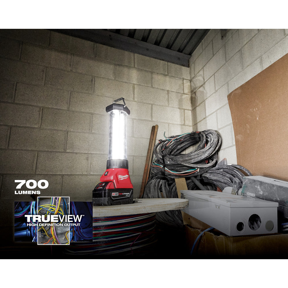 Milwaukee 2363-20 M18 Work Lantern / Trouble Light with USB Charging illuminating a work area (battery sold separately)