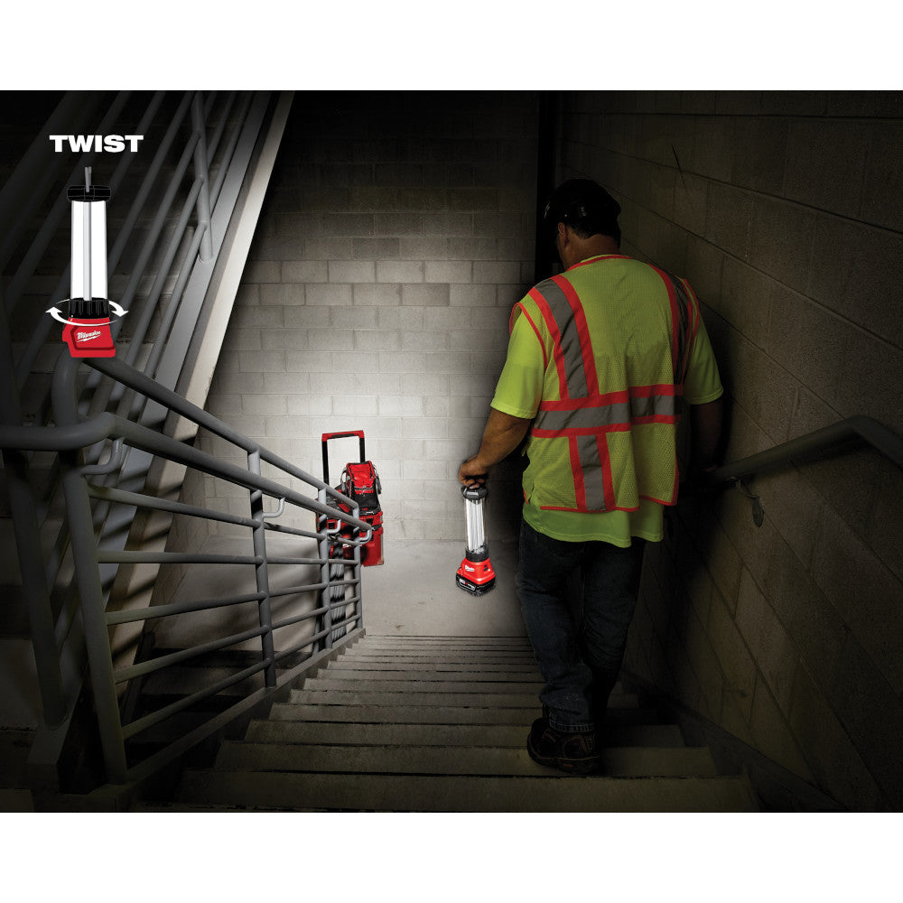 Milwaukee 2363-20 M18 Work Lantern / Trouble Light with USB Charging illuminating a work area (battery sold separately)