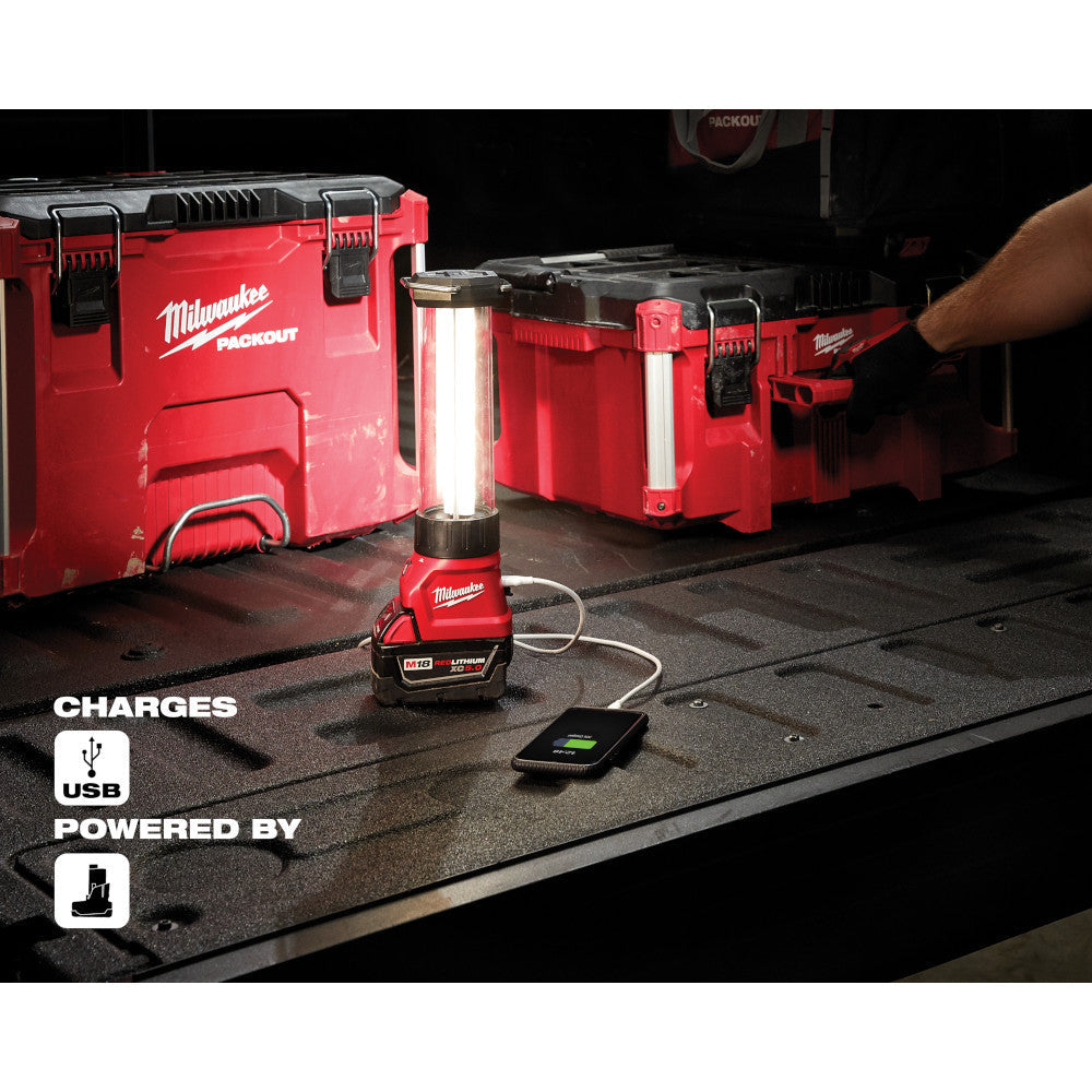 Milwaukee 2363-20 M18 Work Lantern / Trouble Light with USB Charging illuminating a work area (battery sold separately)