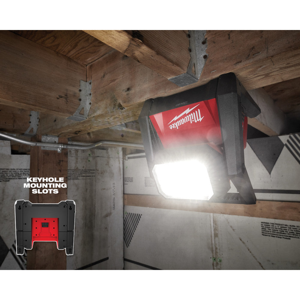 Milwaukee 2366-20 M18 ROVER 4000 Lumen Dual-Power Flood Light illuminating a work area (extension cord not included)