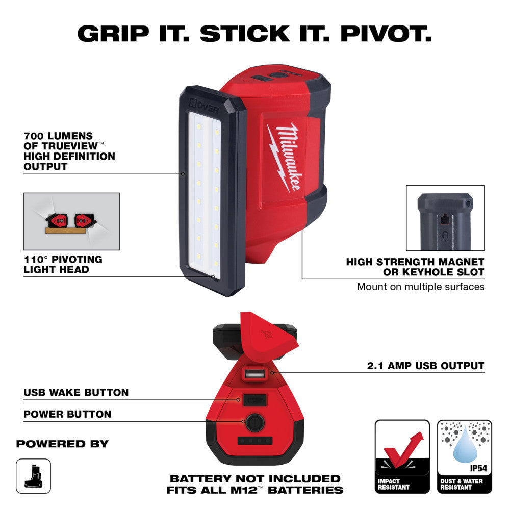 Milwaukee 2367-20 M12 ROVER 700 Lumen Service and Repair Flood Light with USB Charging (Tool Only)