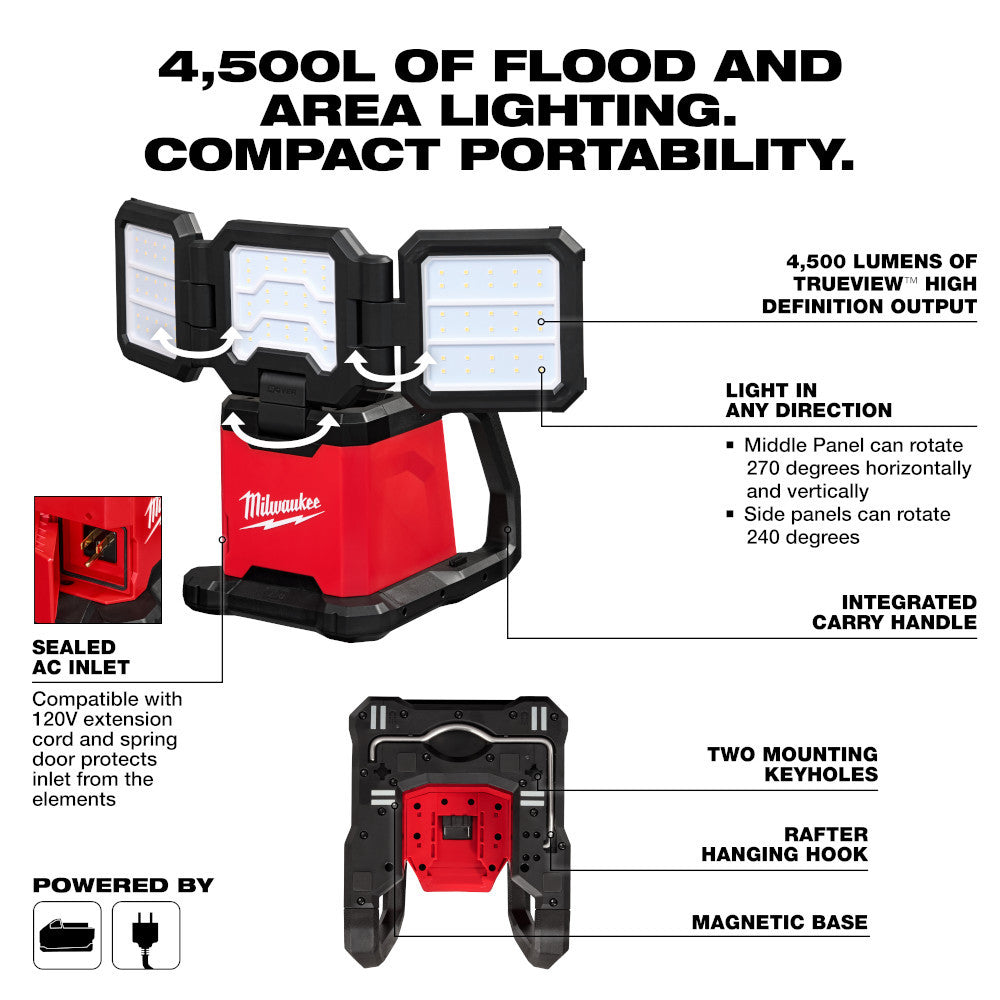 Milwaukee 2368-20 M18 ROVER 4500 Lumen Dual Power Triple-Panel Flood & Area Light (Tool Only)