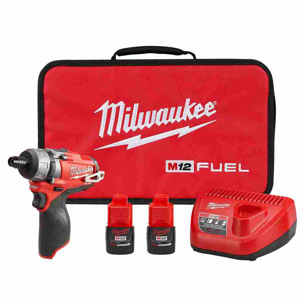 Milwaukee 2402-22 M12 FUEL Cordless Brushless 1/4 inch Hex 2-Speed Screwdriver Kit showing pieces included in kit
