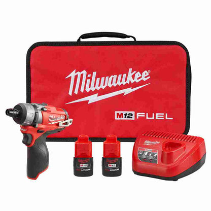 Milwaukee 2402-22 M12 FUEL Cordless Brushless 1/4 inch Hex 2-Speed Screwdriver Kit showing pieces included in kit