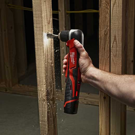 Milwaukee 2415-20 M12 3/8 Inch Right Angle Drill/Driver drilling a hole in a framing stud (battery and bits sold separately)