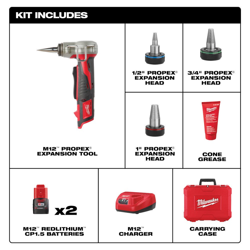Milwaukee 2432-22 M12 Cordless 3/8 Inch - 1 Inch ProPEX Expansion Tool Kit