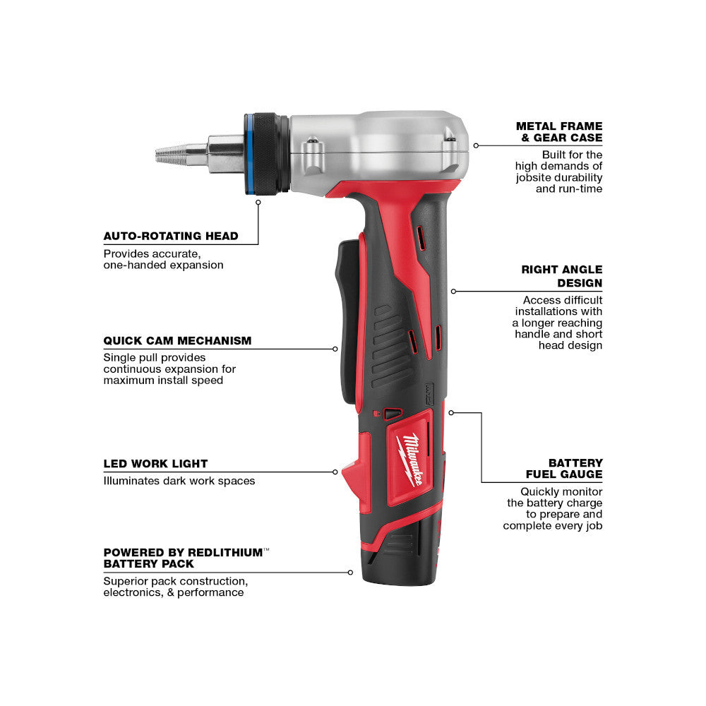 Milwaukee 2432-22 M12 Cordless 3/8 Inch - 1 Inch ProPEX Expansion Tool Kit