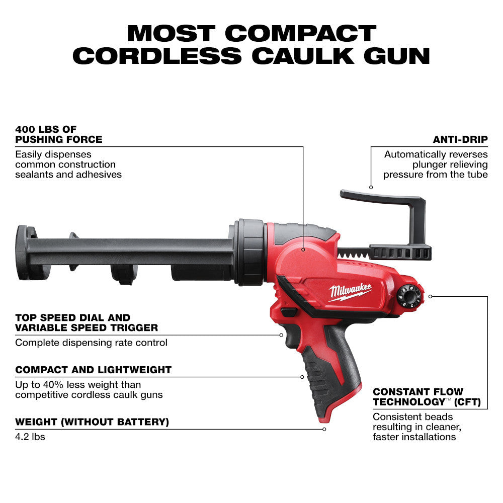 Milwaukee 2441-20 M12 Cordless 10oz. Caulk and Adhesive Gun (Tool Only) showing features of the adhesive gun