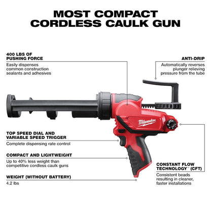 Milwaukee 2441-20 M12 Cordless 10oz. Caulk and Adhesive Gun (Tool Only) showing features of the adhesive gun