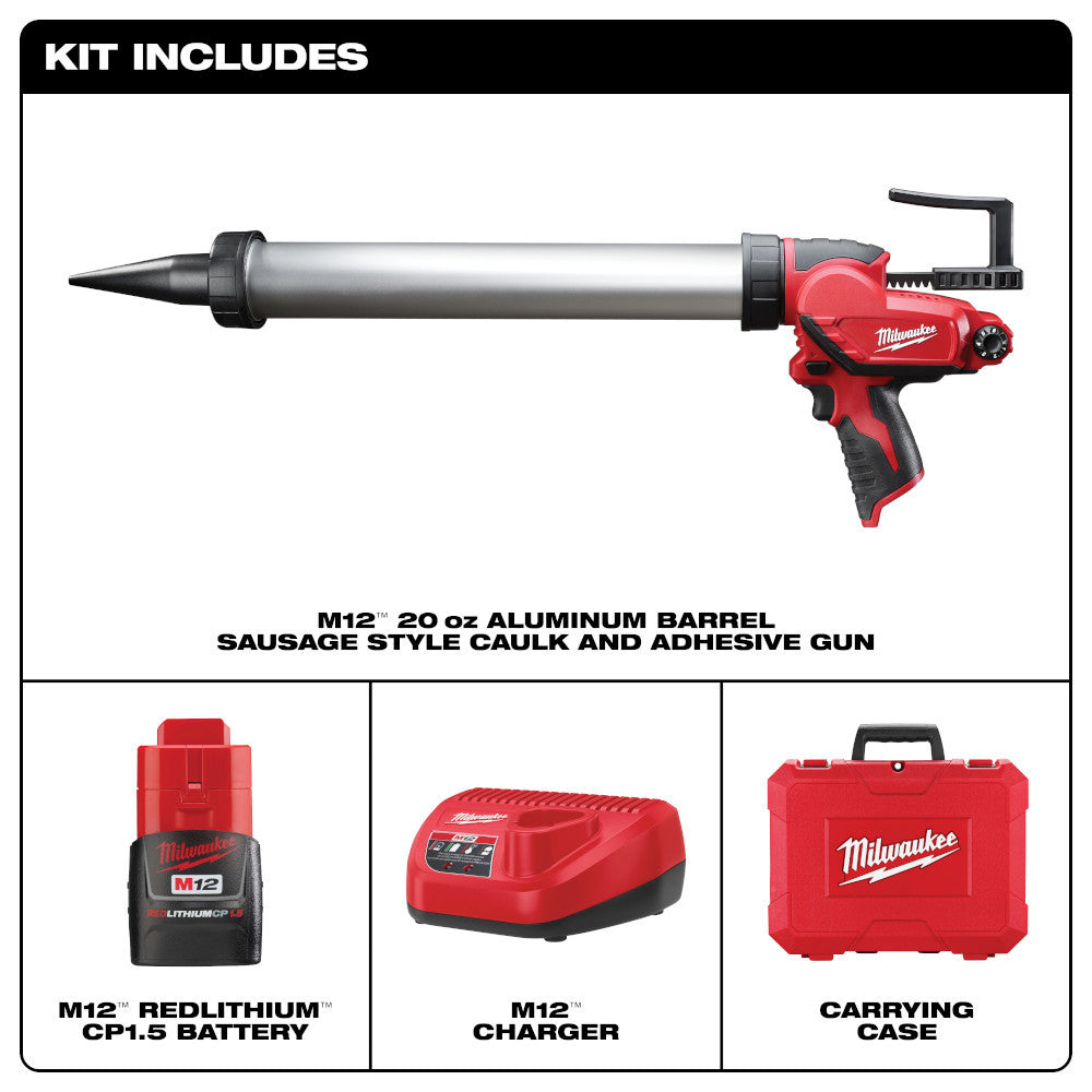 Milwaukee 2442-21 M12 20oz Aluminum Sausage Style Caulking Gun showing inclusions of the kit