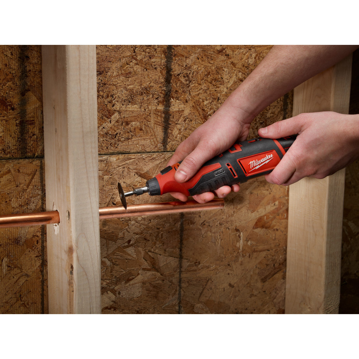 Milwaukee 2460-20 M12 Cordless Rotary Tool cutting copper pipe (battery sold separately)