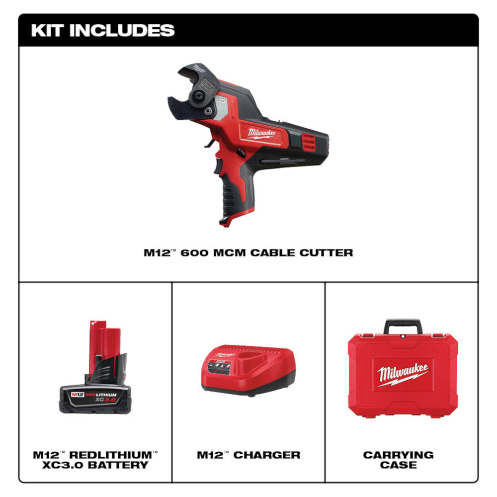 Milwaukee 2472-21XC M12 Cordless 600 MCM Cable Cutter Kit showing inclusions of the kit