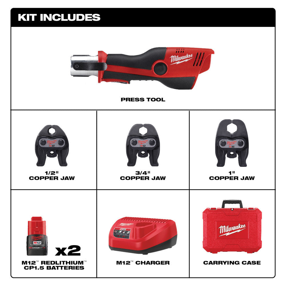 Milwaukee 2473-22 M12 FORCE LOGIC Cordless Press Tool Kit with Jaws Kit showing inclusions in the press tool kit