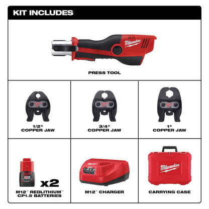 Milwaukee 2473-22 M12 FORCE LOGIC Cordless Press Tool Kit with Jaws Kit showing inclusions in the press tool kit