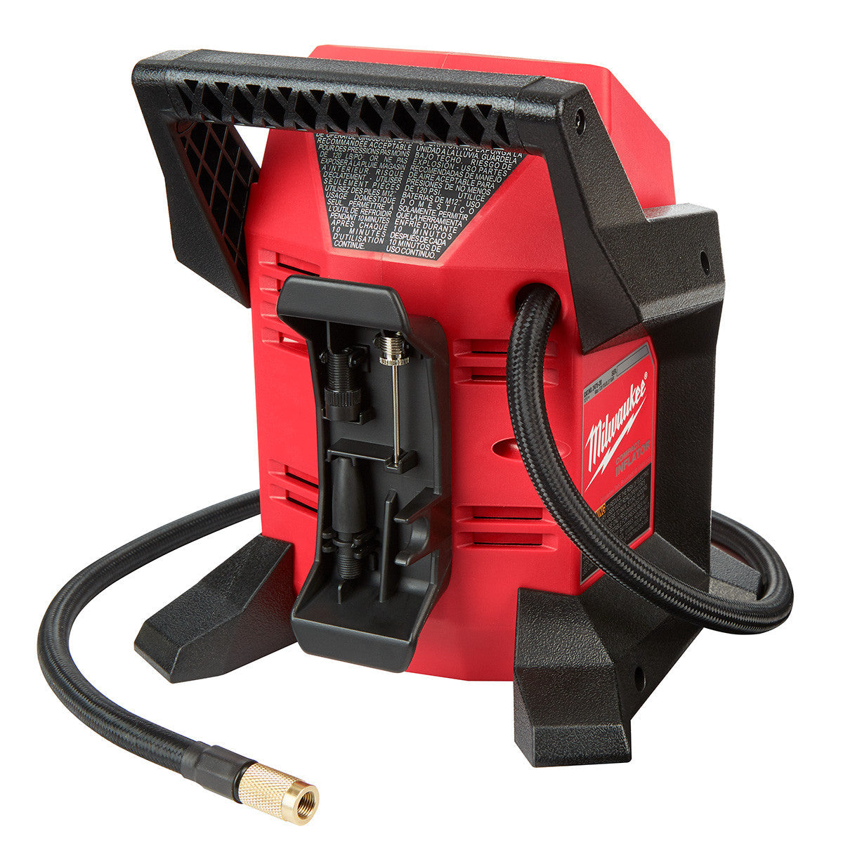 Milwaukee 2475-20 M12 Compact Air Inflator rear view with hose and attachments (Tool Only)