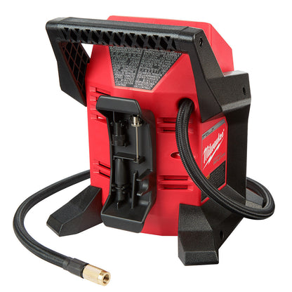 Milwaukee 2475-20 M12 Compact Air Inflator rear view with hose and attachments (Tool Only)