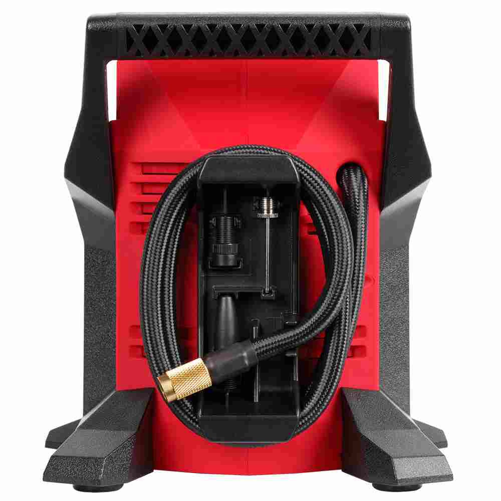 Milwaukee 2475-21XC M12 Cordless Compact Air Inflator Kit showing reverse of inflator with hose and fittings