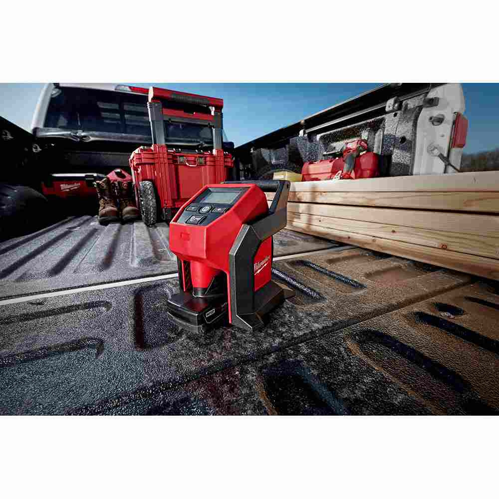 Milwaukee 2475-21XC M12 Cordless Compact Air Inflator Kit showing a tail gate