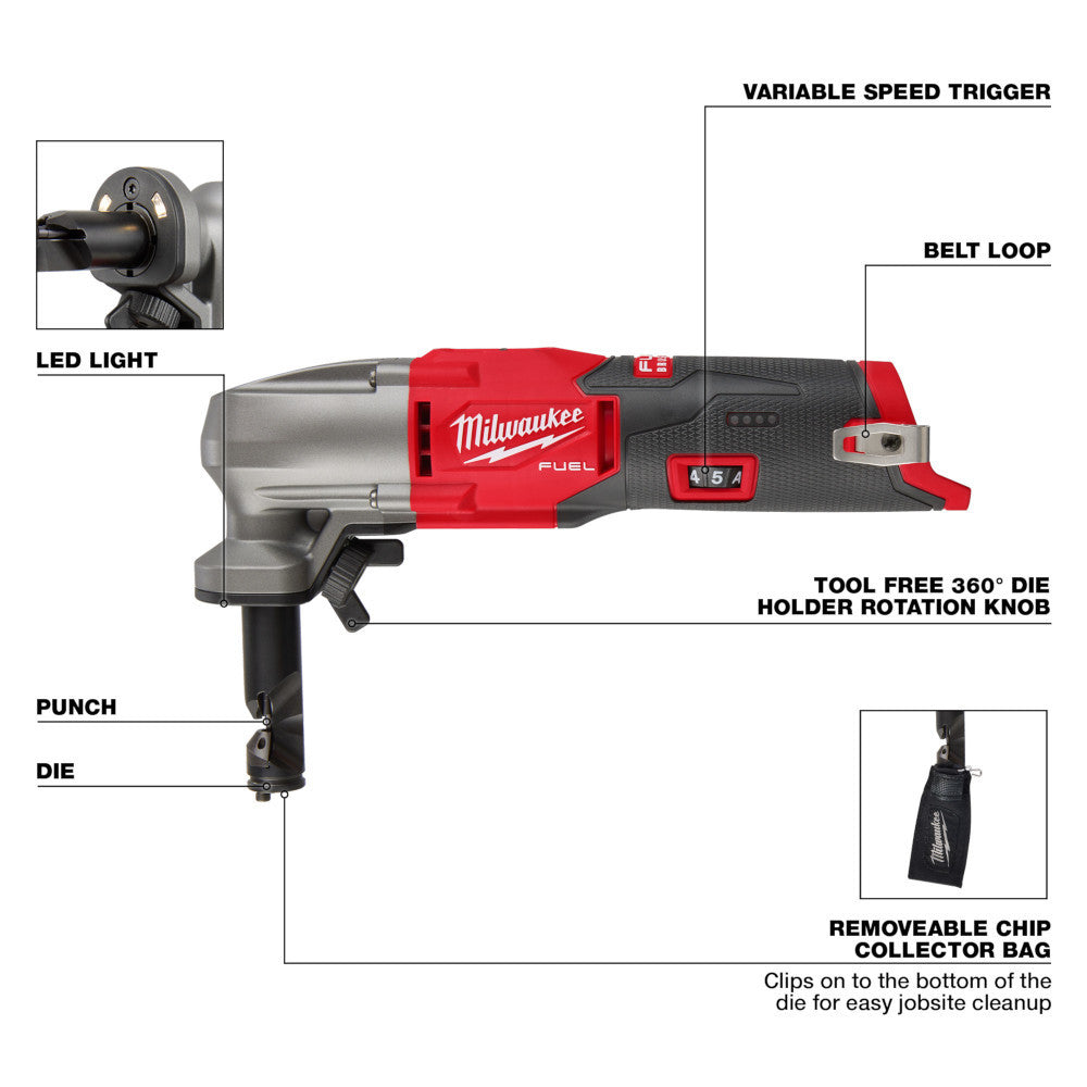 Milwaukee 2476-20 M12 FUEL Cordless 16 Gauge Variable Speed Nibbler (Tool Only) showing features of the nibbler