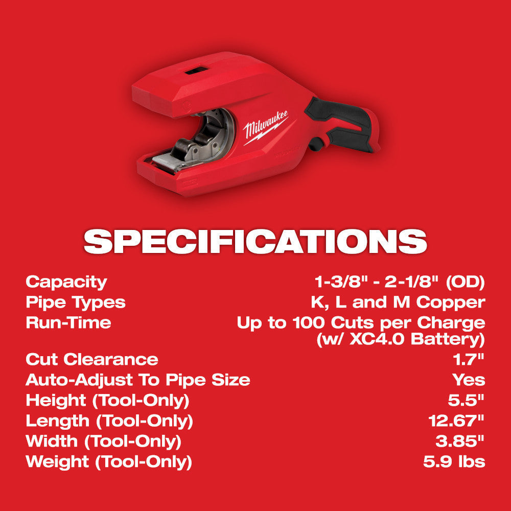 Milwaukee 2479-20 12V Brushless 1-1/4in - 2in Copper Tubing Cutter (Tool Only) showing specifications of the tool