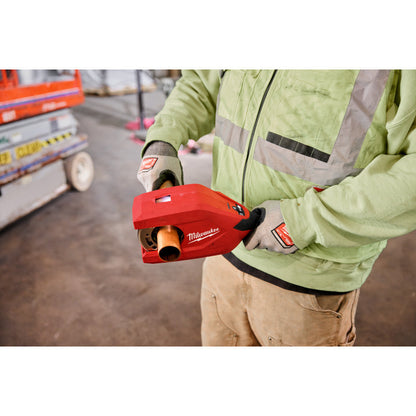 Milwaukee 2479-20 12V Brushless 1-1/4in - 2in Copper Tubing Cutter (Tool Only) showing in use cutting copper pipe while being held