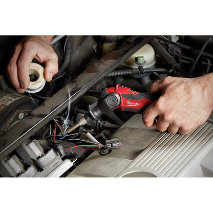 Milwaukee 2488-20 M12 Cordless Soldering Iron working in a tight space with head pivoted 90 degrees (battery sold separately)