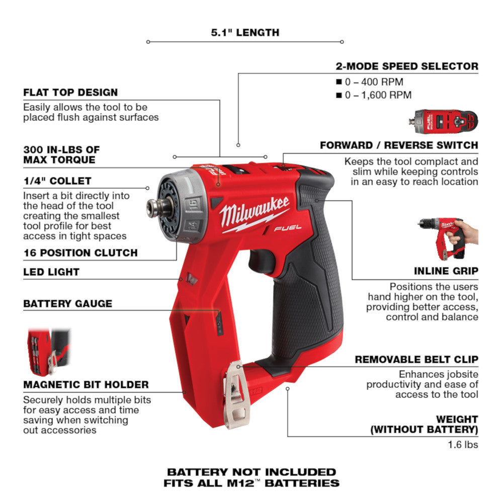 Milwaukee 2505-20 M12 FUEL Brushless 4-In-1 Installation 3/8 inch Drill Driver (Tool Only)