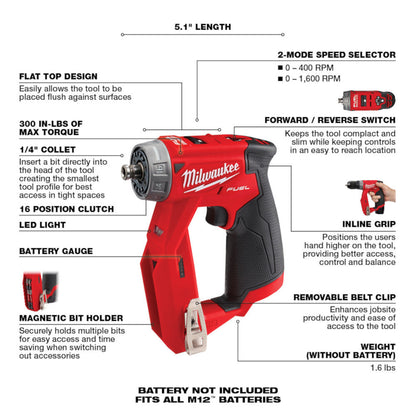 Milwaukee 2505-20 M12 FUEL Brushless 4-In-1 Installation 3/8 inch Drill Driver (Tool Only)