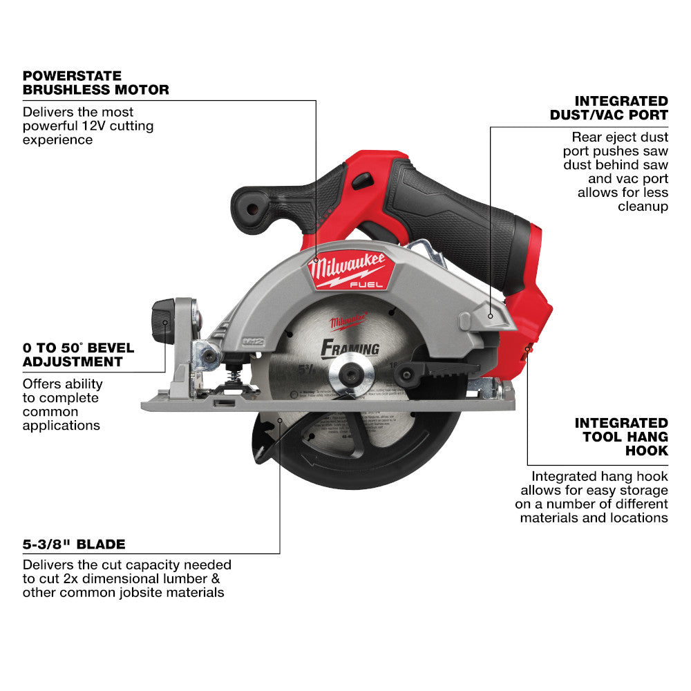 Milwaukee 2521-20 12V FUEL 5-3/8in Circular Saw (Tool Only) showing features of the tool