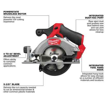 Milwaukee 2521-20 12V FUEL 5-3/8in Circular Saw (Tool Only) showing features of the tool