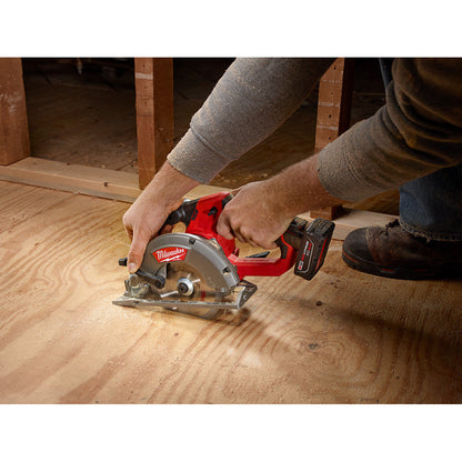 Milwaukee 48-40-0522 5-3/8-inch x 16T Framing Wood Cutting Circular Saw Blade showing in use cutting plywood with circular saw (circular saw sold separately)