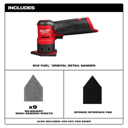 Milwaukee 2531-20 M12 FUEL Cordless Brushless Orbital Detail Sander (Tool Only) showing inclusions that come with the sander