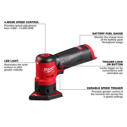 Milwaukee 2531-20 M12 FUEL Cordless Brushless Orbital Detail Sander (Tool Only) showing features of the sander