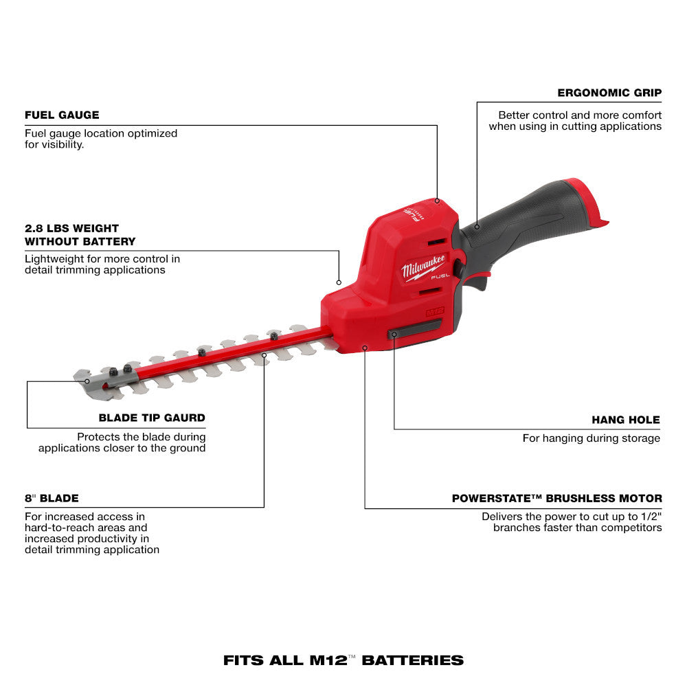Milwaukee 2533-20 12V FUEL 8in Hedge Trimmer (Tool Only) showing features of the tool