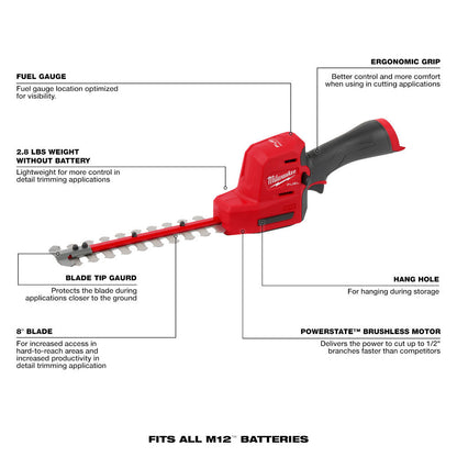 Milwaukee 2533-20 12V FUEL 8in Hedge Trimmer (Tool Only) showing features of the tool