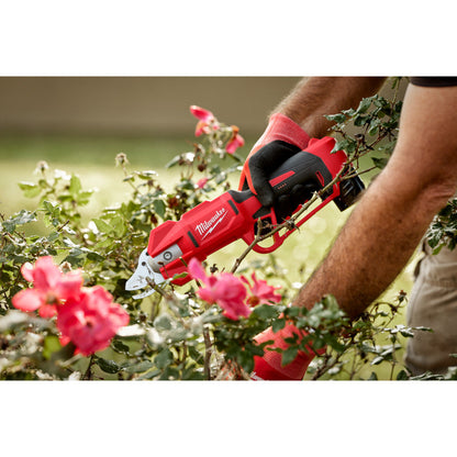 Milwaukee 2534-20 M12 Cordless Brushless Pruning Shears (Tool Only) showing in use cutting precision of cutting rose branches