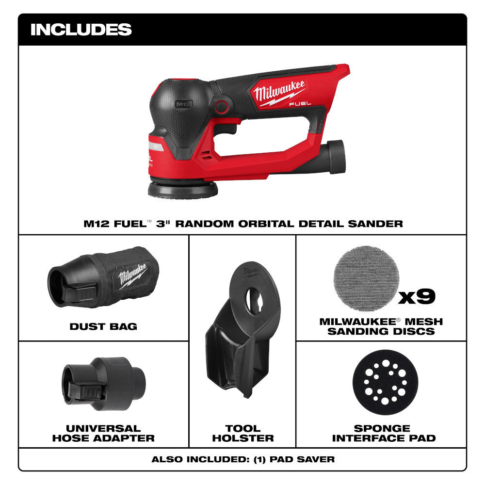 Milwaukee 2535-20 12V FUEL 3in Random Orbital Detail Sander (Tool Only) showing inclusions of the kit
